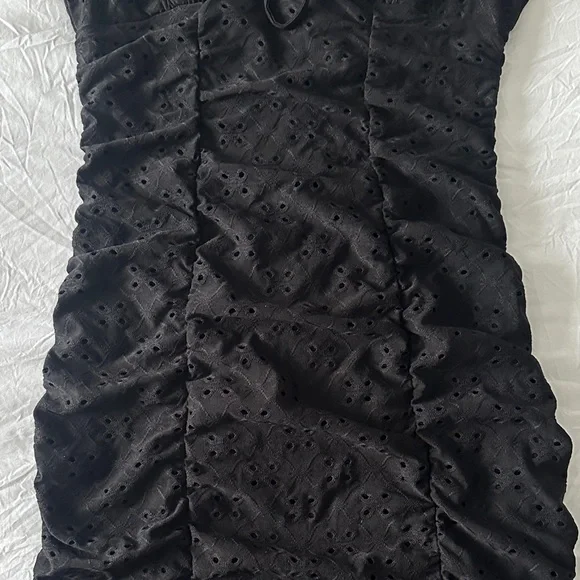 Black Eyelet Ruched Mini Dress - Picture 3 of 7